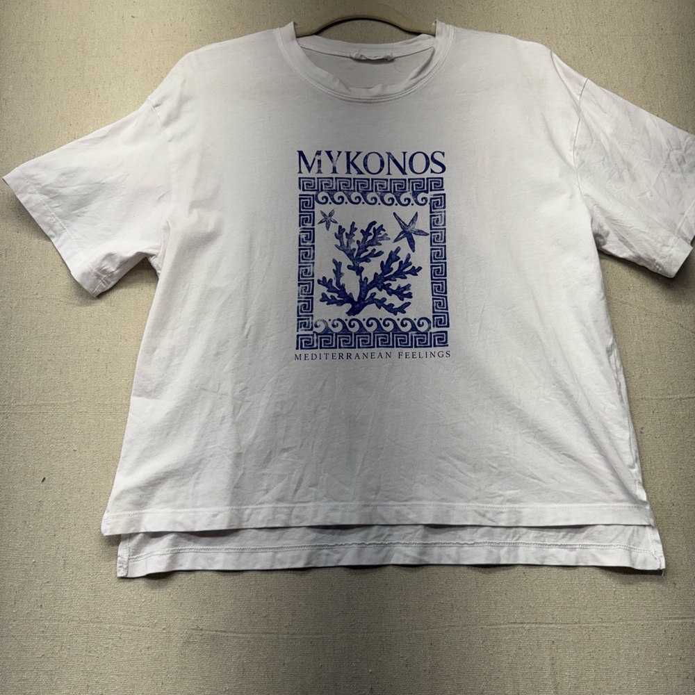 White T-Shirt with Blue Mykonos Print